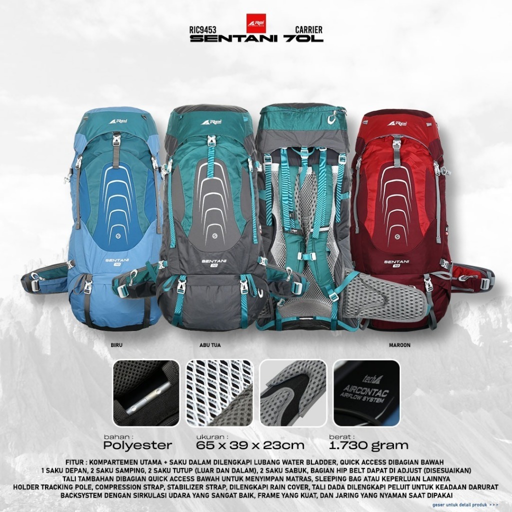 Tas Gunung Carrier Rei Sentani 70L Arei Outdoorgear Premium Series Include Raincover