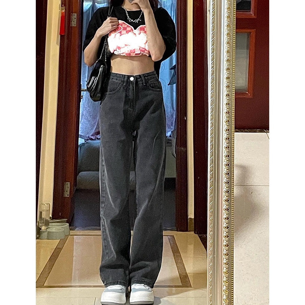 KODE K26S Abu abu Kulot Highwaist Jeans Wanita Korean Style Jeans Lurus Longgar