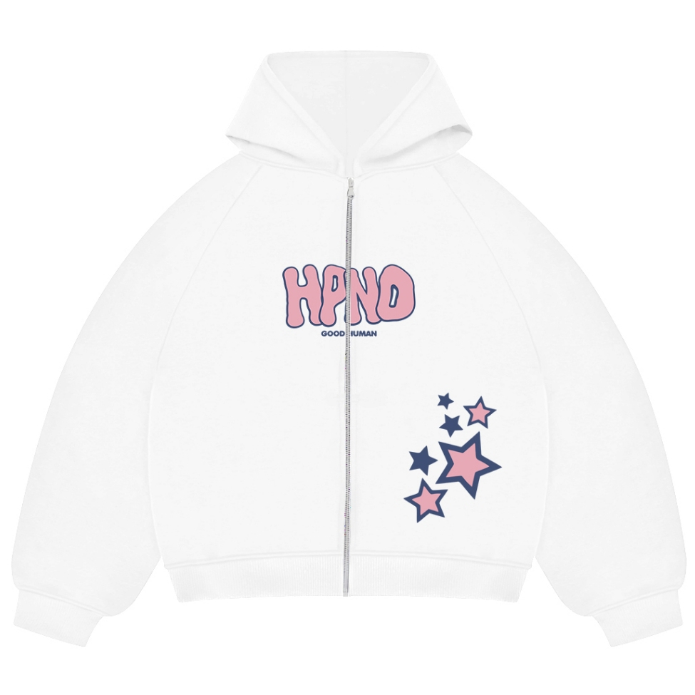HPND - Hoodie Boxy Putih Teach And Peace / Zipper Hoodie Boxy / Zipper Boxy 280-300gsm Fleece