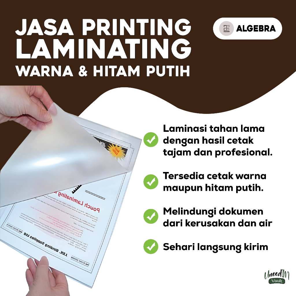 

JASA LAMINATING TERMASUK PRINT HITAM PUTIH WARNA UKURAN A4 F4 A5 A6 B5 QUATRO MURAH MERIAH