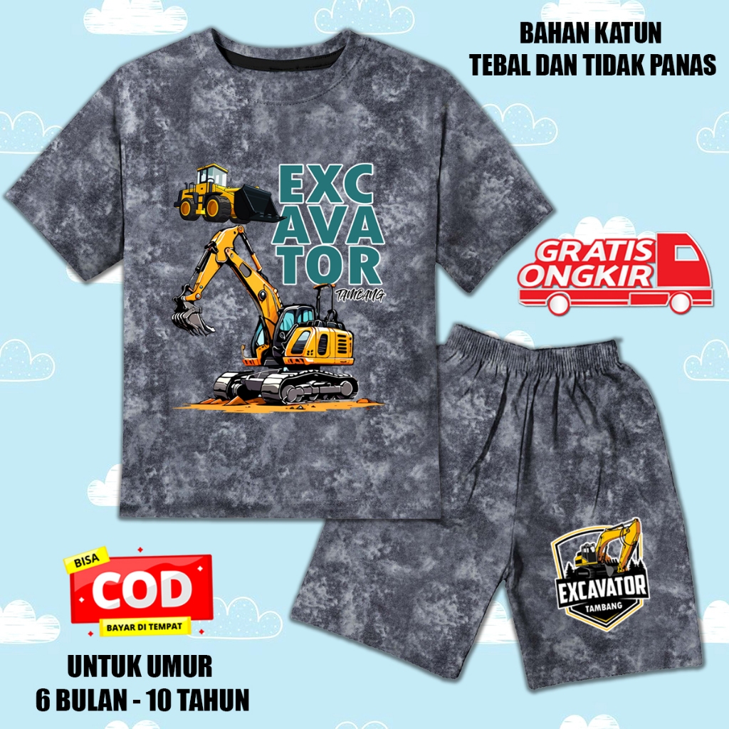 Setelan denim jeans printing lengan pendek anak laki laki perempuan set kaos anak excavator 2
