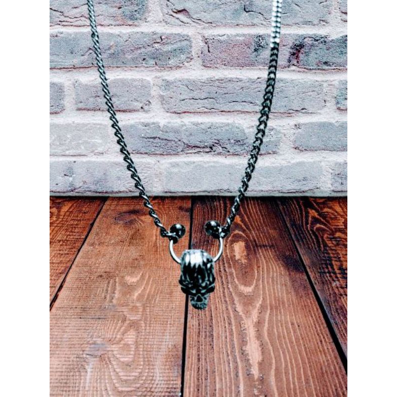 KALUNG RANTAI TITANIUM PRIA MODEL LIONTIN BARBEL TENGKORAK