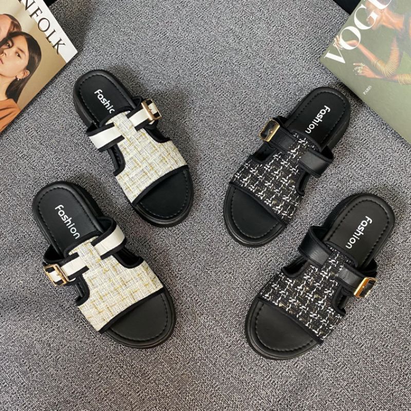 Sandal Slop Wanita Platform Sendal Rajut Wedges Hak Tinggi  Sendal Style Korea Terbaru