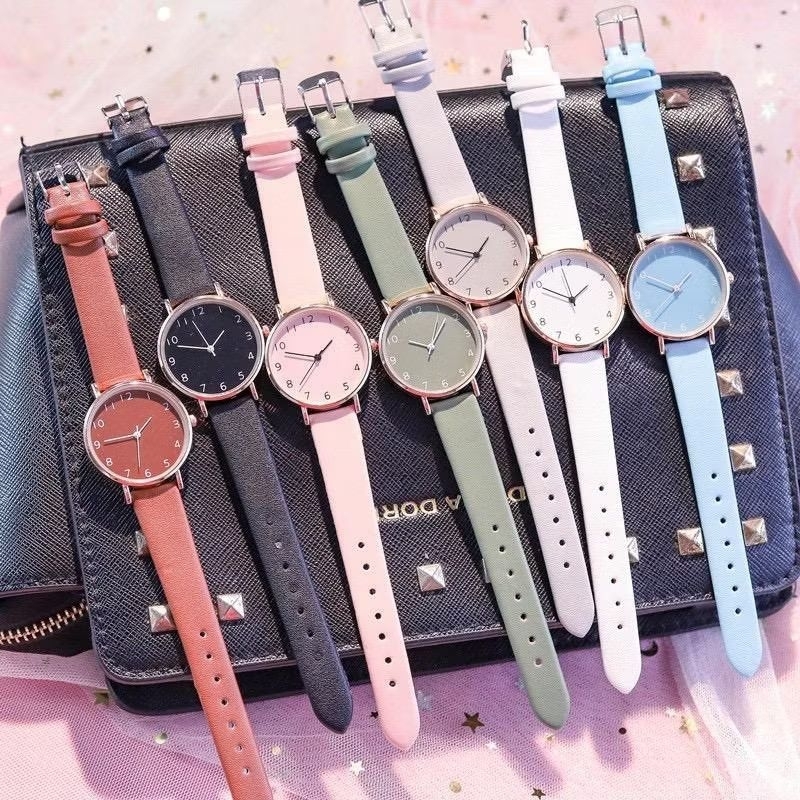 Jam tangan wanita kulit korea strap pu leather polos analog Quartz fashion jam tangan wanita fashion