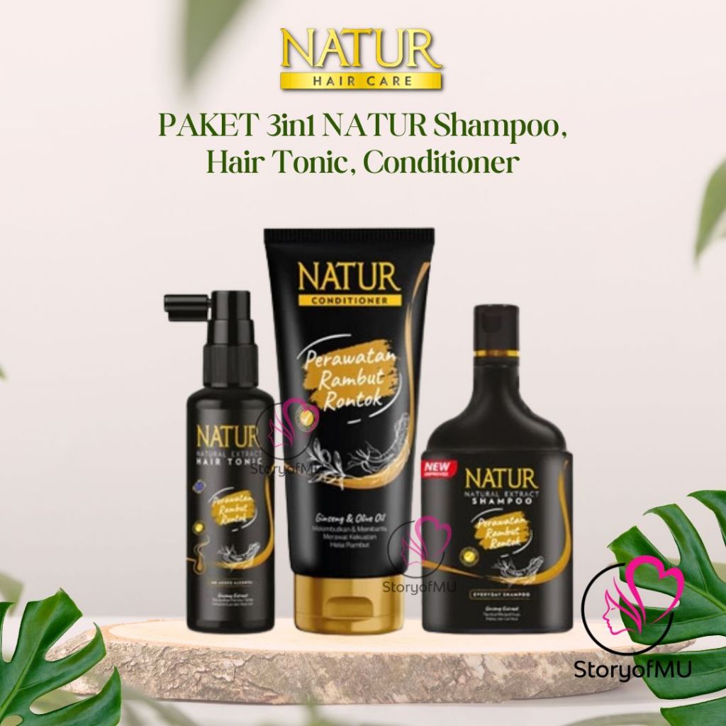 NATUR Hair Paket Ginseng/ Aloe Vera ISI 3 Shampo 140ml / Tonic 90ml / Conditioner 160ml