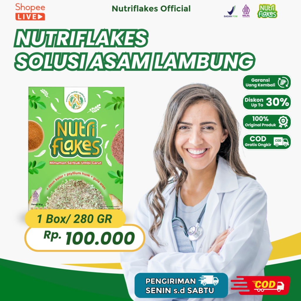 

Nutriflakes Sereal Umbi Garut Atasi Maag, Gerd Dan Asam Lambung 1 Box