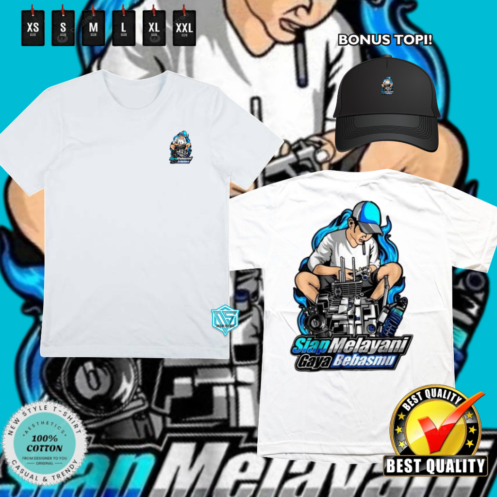 KAOS DISTRO MEKANIK SIAP MELAYANI GAYA BEBASMU SIMPEL TRENDY BAHAN KATUN BONUS TOPI JARING HITAM