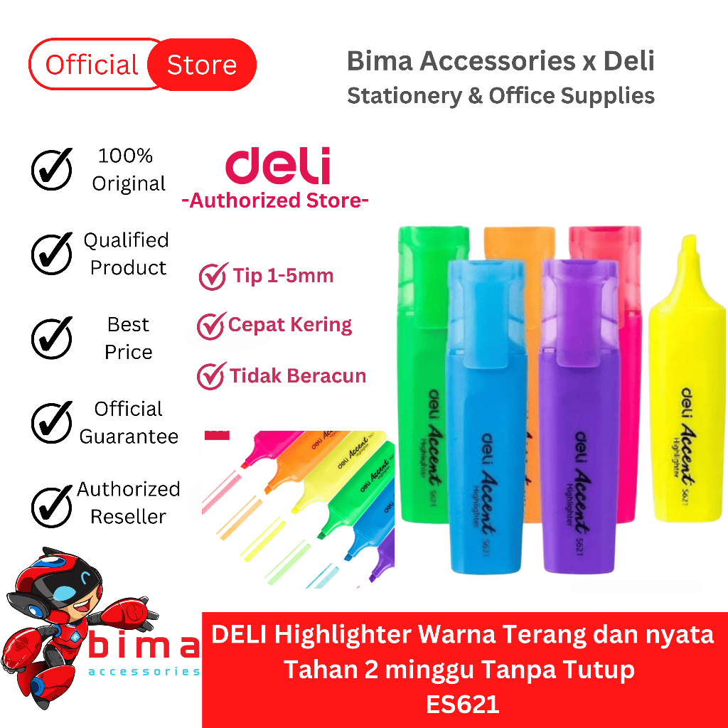 

DELI Stabilo Warna Warni 1 Set Highlighter Pen Pink Yellow Orange Blue Green Purple 1-5mm ES621