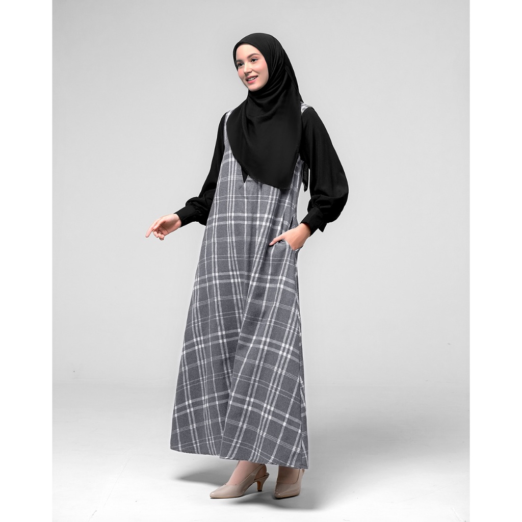 KIVITZ | LIVIA DRESS - OVERALL DRESS MUSLIMAH - Gamis Kotak-Kotak Hitam Lengan Panjang