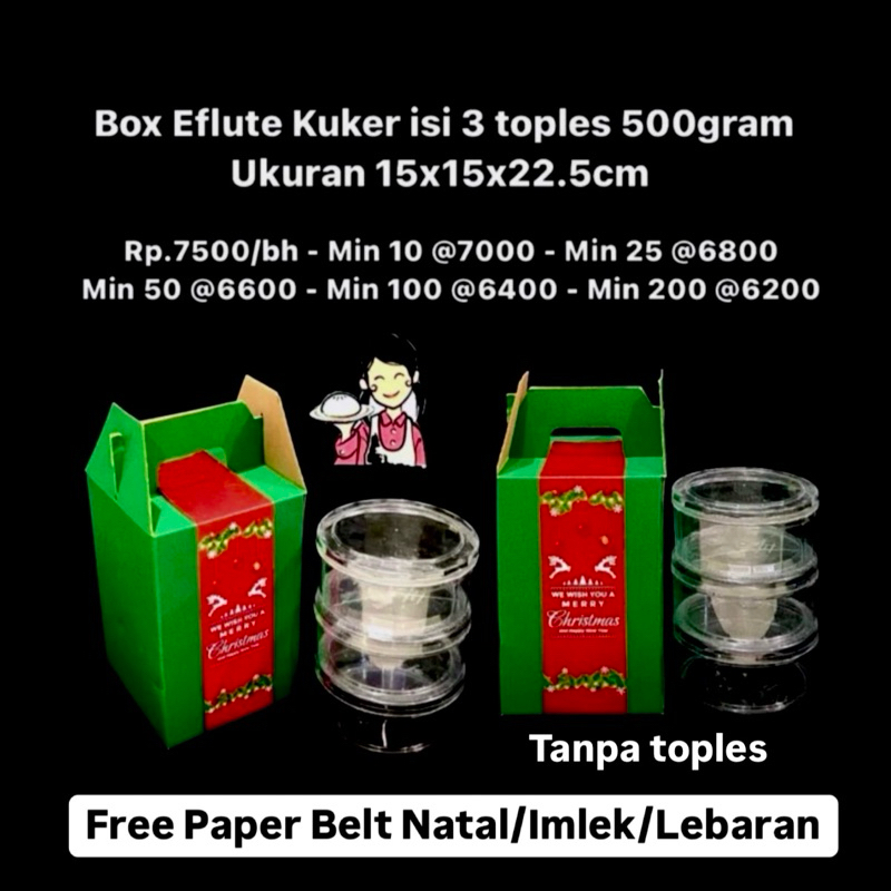 

Box Kue Kering isi 3 toples 500gram Ukuran 15x15x22.5cm ⁣ bahan Eflute