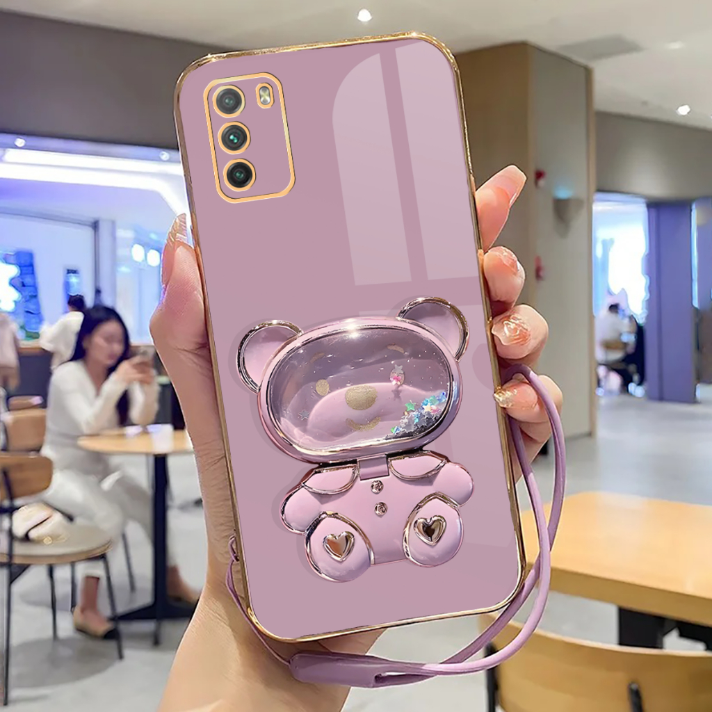 Soft Case Poco M3 Case Stand Holder Mirror Silicone Luxury Plating