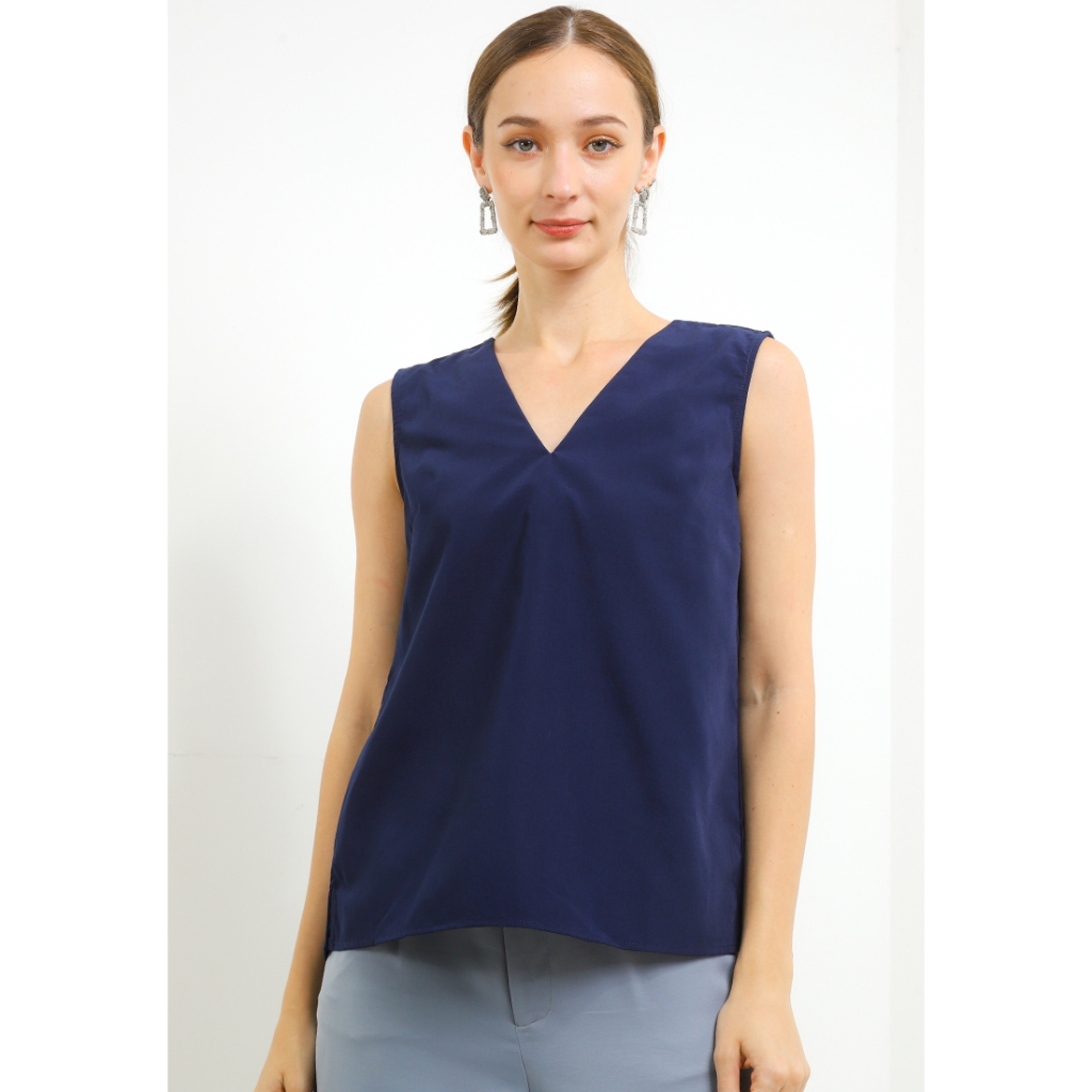 LLACES Clothing - Blouse Wanita - V-Neck Sleeveless Blouse - Navy
