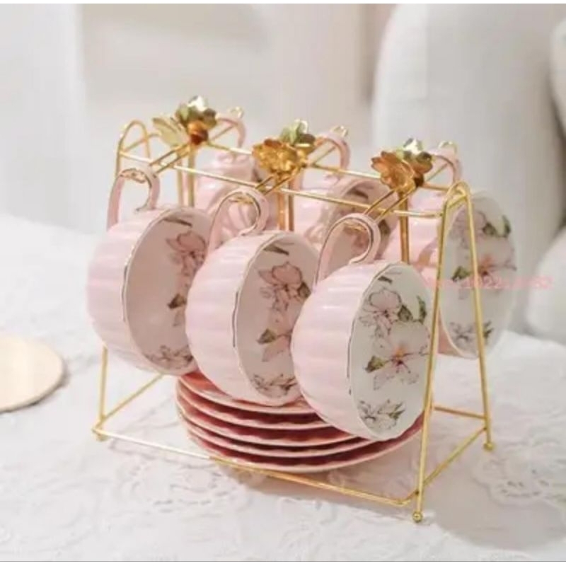 Royal Flower Tea Set Cangkir Keramik pink dengan Rak dan Sendok bunga Cangkir Pink set Cangkir Mewah