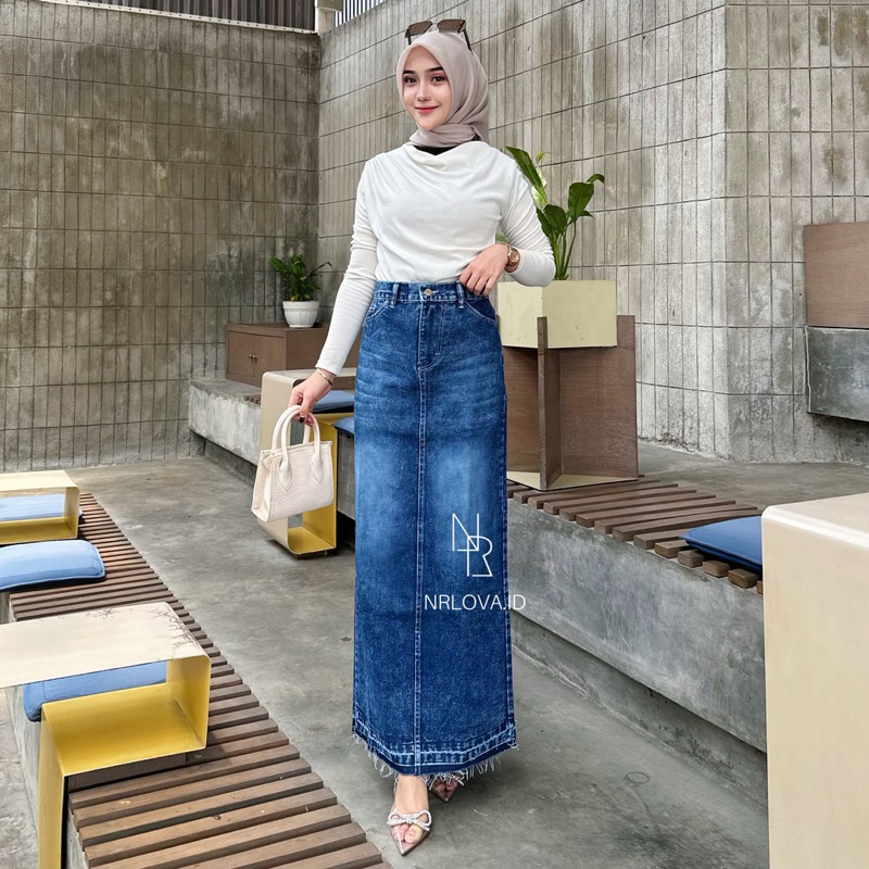 Rok jeans high waist panjang | Rok span panjang | Rok kekinian