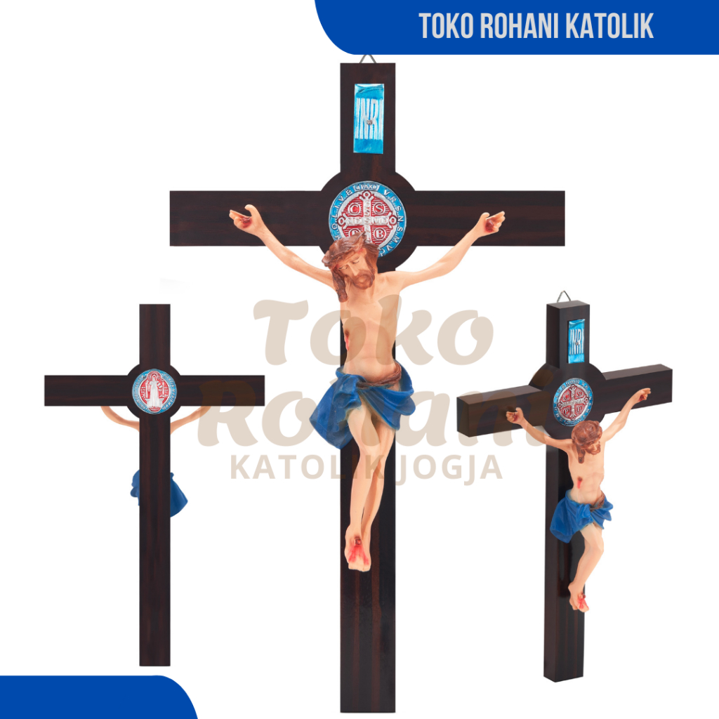 SALIB GANTUNG BENEDIKTUS 30 CM - BIRU KLASIK / SALIB KATOLIK / SALIB DINDING / SALIB ST.BENEDICT