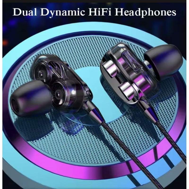 Headset Stereo 4D Dual Super Bass Mic Kabel Jack