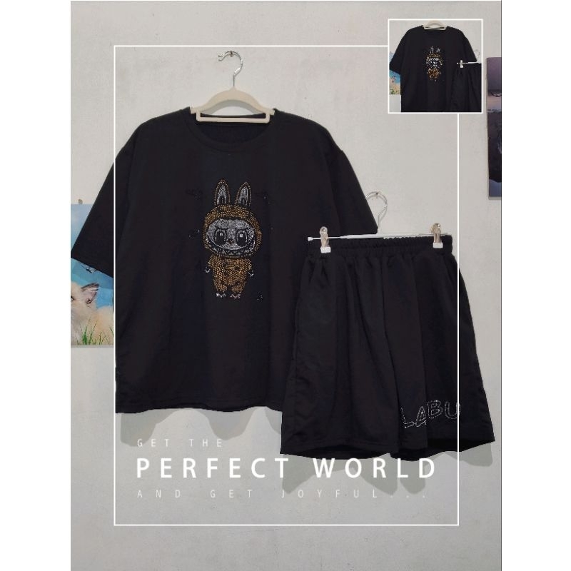 set celana pendek wanita, set celana santai, set celana labubu wanita pendek