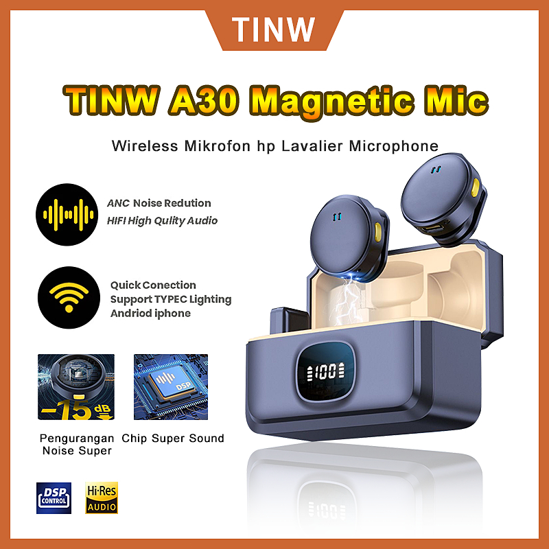 TINW A30 Magnetic Mic Wireless Clip on Microphone Dual Mikrofon Wireless Mikrofon hp Lavalier Microp