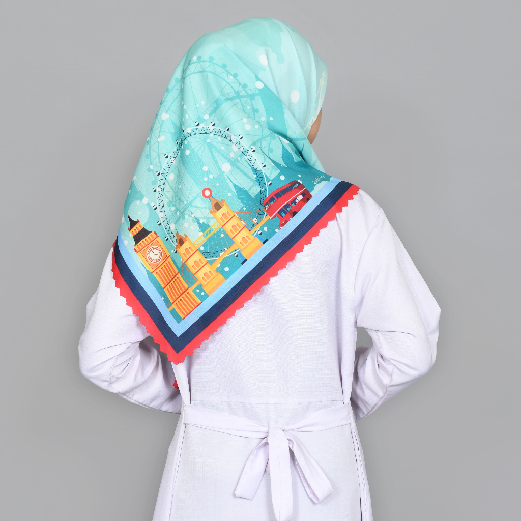 Gamita Scarf Hijab Kerudung Voal Segi Empat Motif London Biru Hijau Tosca Desain Indonesia