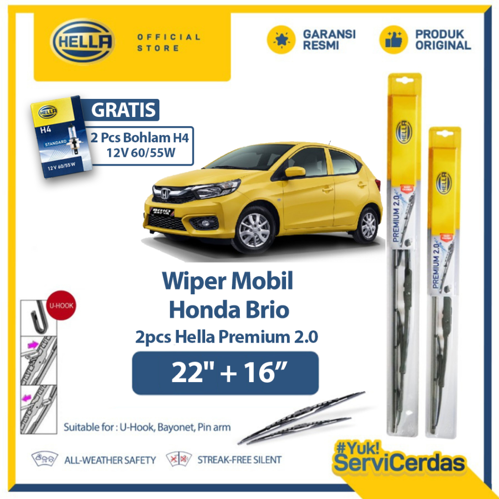 Wiper Mobil HELLA Premium 2.0 HONDA Brio 22"+16"(2pcs) - Gratis Bohlam Mobil H4 12V