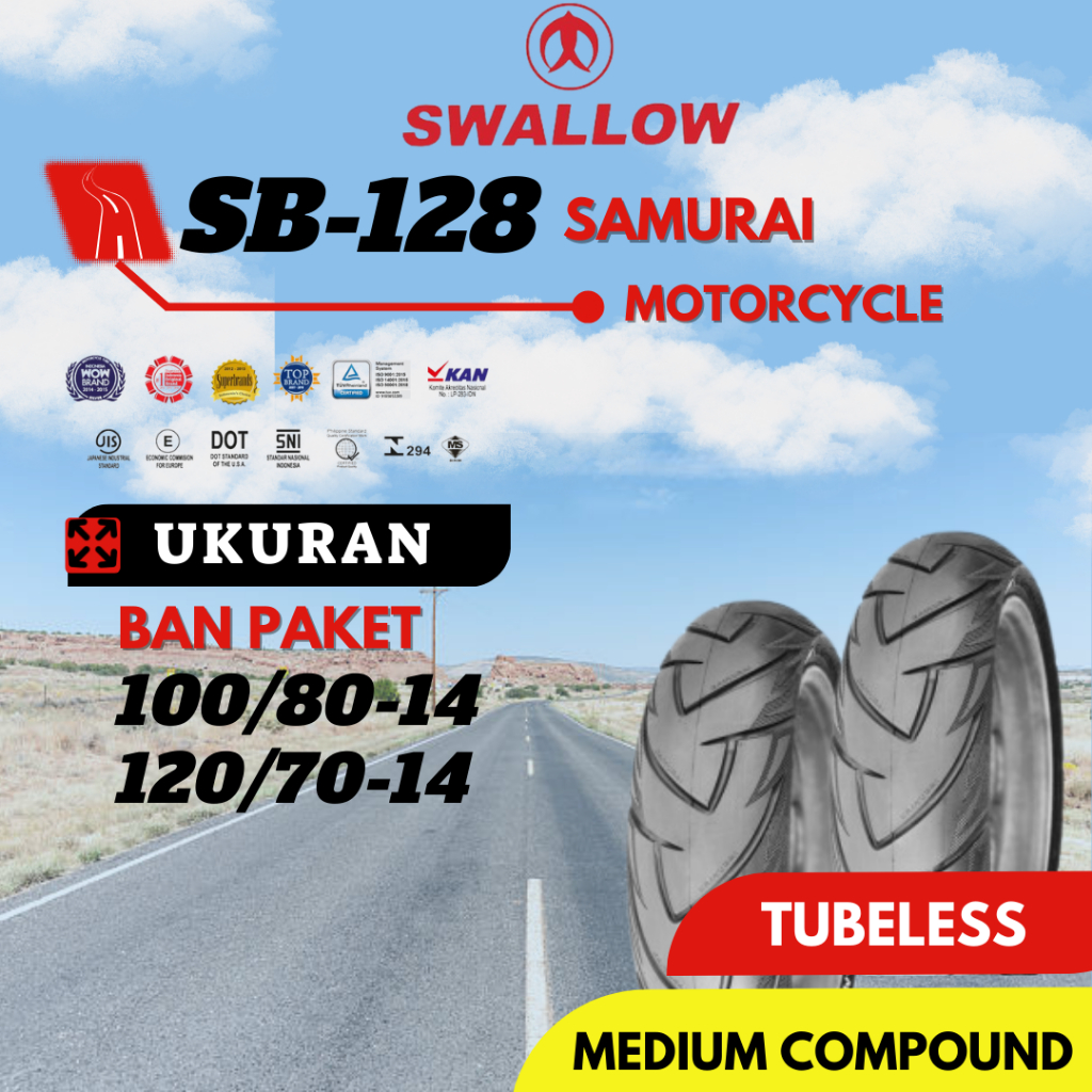 PAKET BAN LUAR SEPEDA MOTOR SWALLOW SB-128 SAMURAI 100/80 & 120/70 RING 14 TUBELESS PCX 150