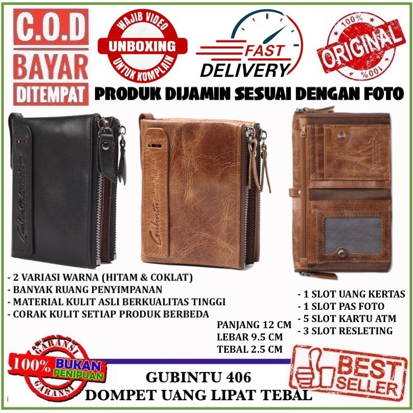 C.O.D Gubintu 406 Dompet Lipat Tebal Pria Wanita Bahan Kulit Asli Kilat Lembut Muat Banyak Uang