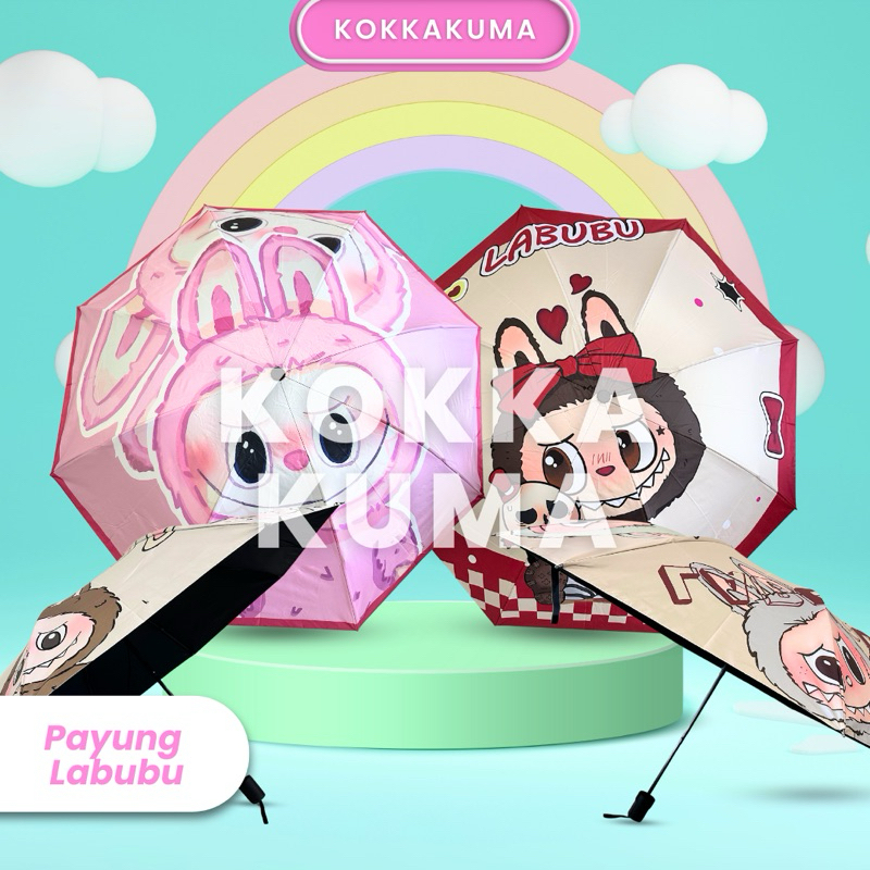 ( KKM ) LABUBU Payung UV Lipat Manual Karakter Pop Mart Lucu dapat Sarung motif Kartun Anak dan Dewa