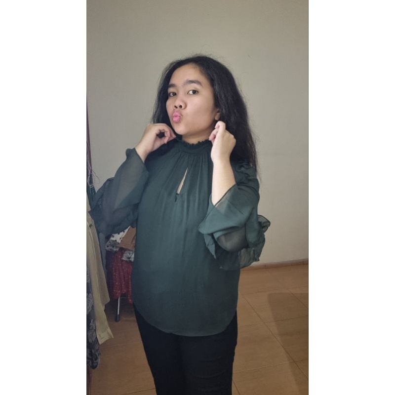 Blouse Zara Basic Denim Hijau Pinus Preloved