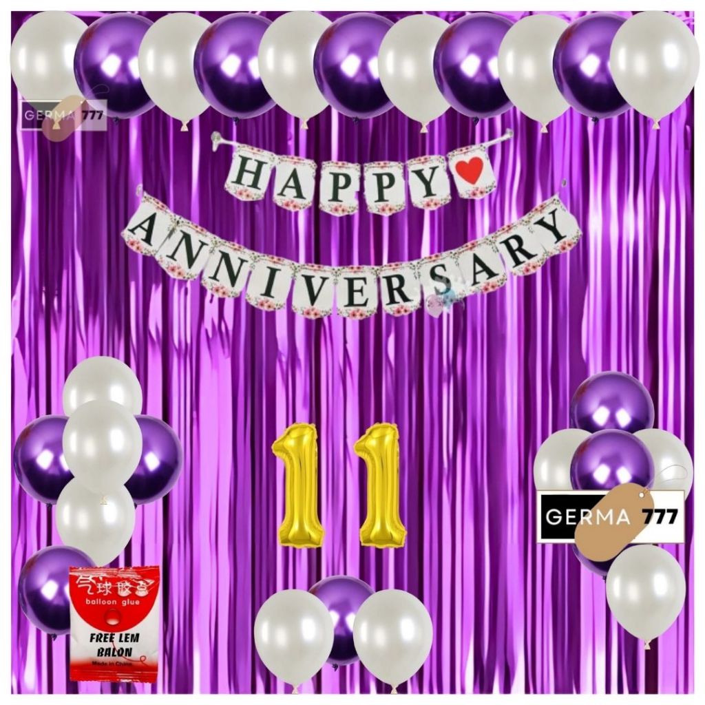Set Dekorasi Pesta Balon Putih Mix Ulang Tahun Pernikahan Banner Happy Anniversary Putih Tirai Ungu