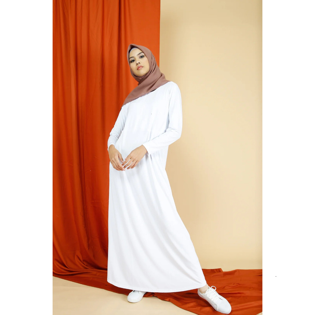 DAUKY Inner Dress Bella Putih - Fashion Muslim Dress Gamis Inner Daleman Baju Panjang Bahan Rayon