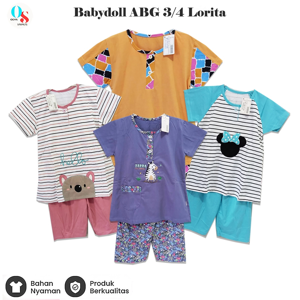 Baju Tidur Anak Model Setelan 3/4 Lorita Ukuran ( XL ) / Babydol ABG Peremuan Umur 8 - 10 Tahun