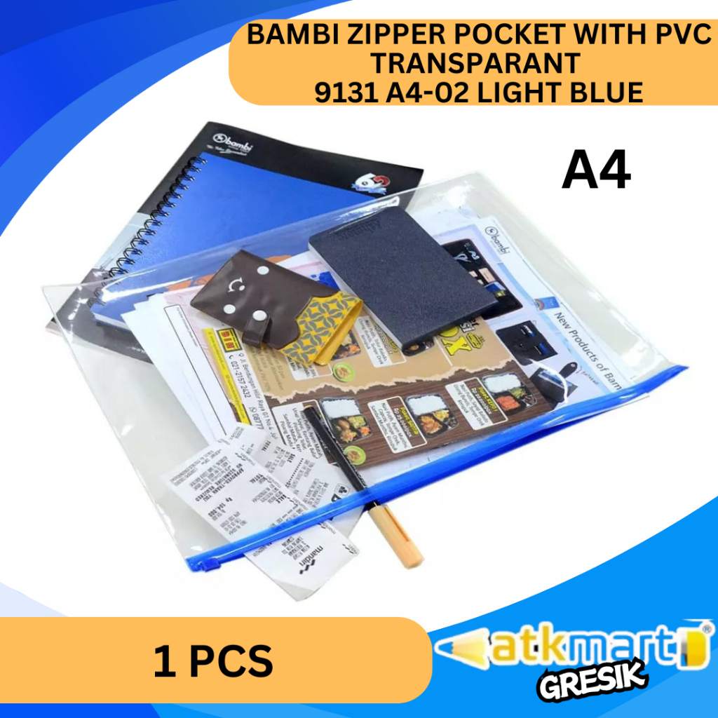 

BAMBI ZIPPER POCKET WITH PVC TRANSPARANT 9131 A4-02 / POCKET PENYIMPANAN DOKUMEN TRANSPARAN LIGHT BLUE