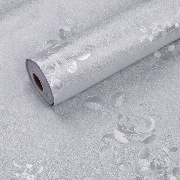 Wallpaper sticker dinding POLOS ABU ABU embos bunga ukuran 45 cm x 8 m GH130-3