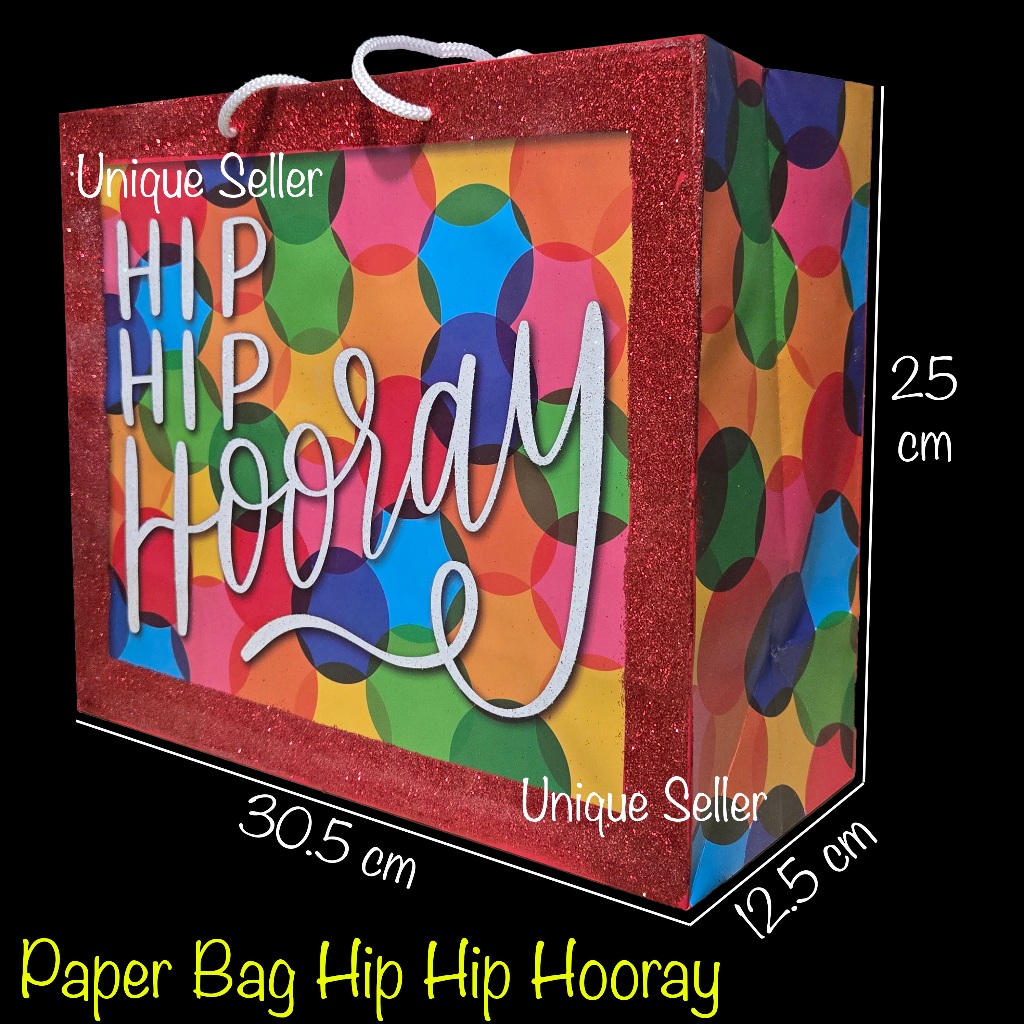 

Paper Bag Goodie Hand Bag Tas Kertas Kado Souvenir Hadiah Acara Ulang Tahun Ultah Happy Birthday Hip Hip Hooray Glitter 30.5x12.5x25 cm / Tas Hadiah Kado Souvenir Acara Ulang Tahun Ultah Happy Birthday Hip Hip Horay Gliter / Tas Kertas Tali Paper Bag Tali