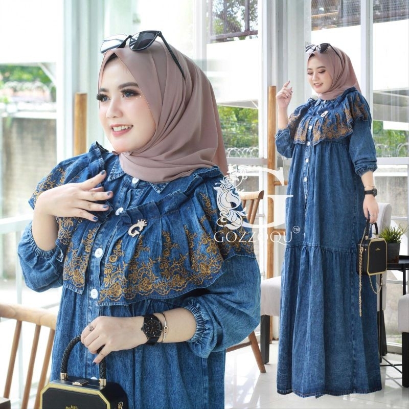 Beleza Gamis Bordir By Gozzo/Dress Jeans Wanita/Gamis Jeans Wanita