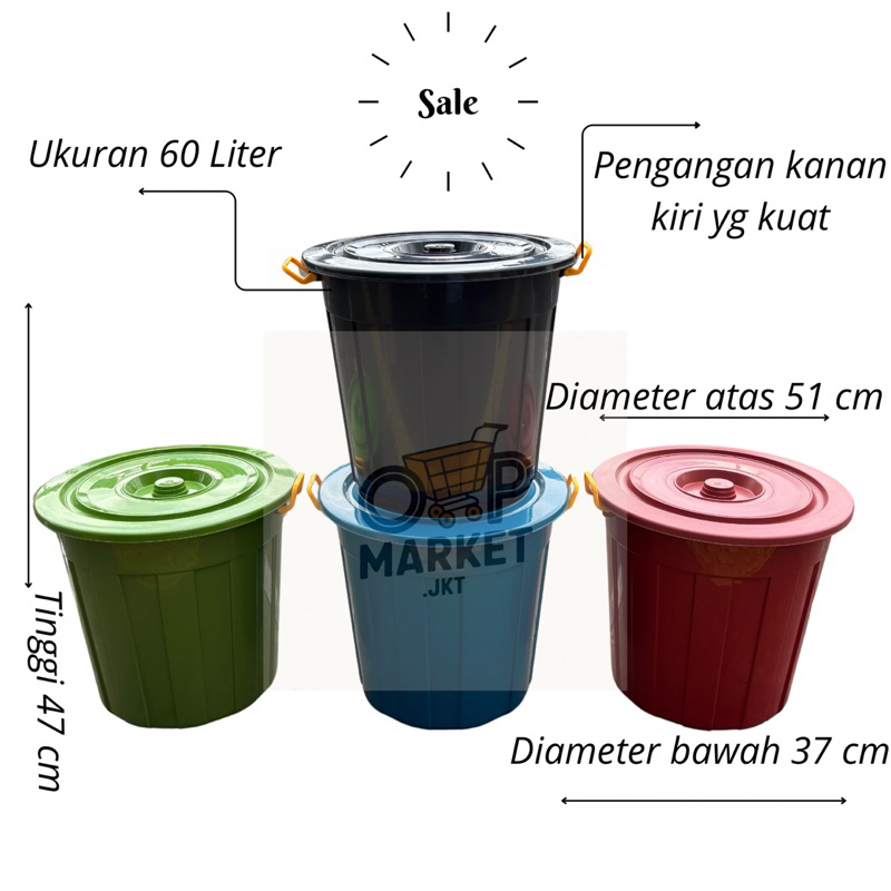 EMBER AIR PLASTIK + TUTUP 60 LITER WARNA / EMBER PLASTIK BESAR JUMBO / EMBER / BAK