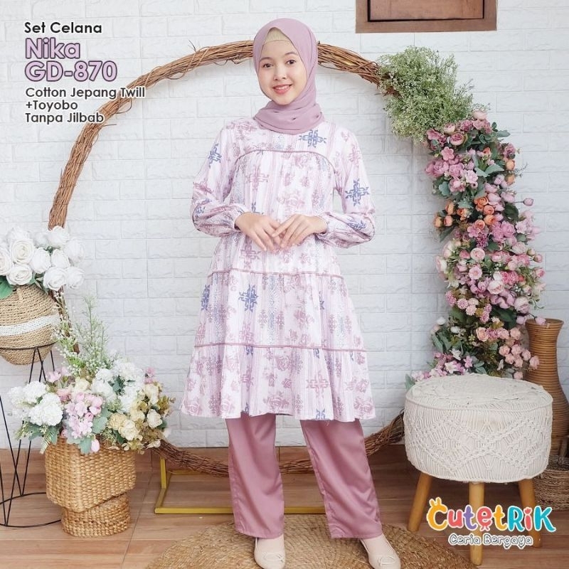 CutetRiK Set Celana NIKA GD-870 Setelan Muslim Anak Remaja Tanggung Baju Tunik Motif Bunga Katun