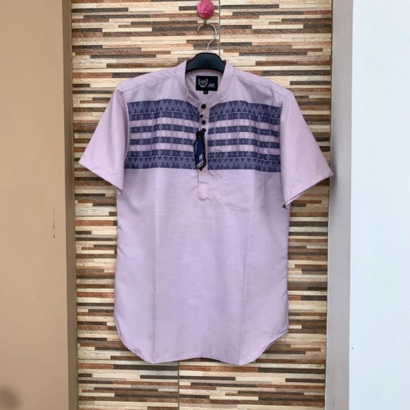 Ungu Lilac Garis (TERBARU) Baju Kemko Koko Baju Taqwa Kemeja Sanghai Lengan Pendek Pria Dewasa Kombi