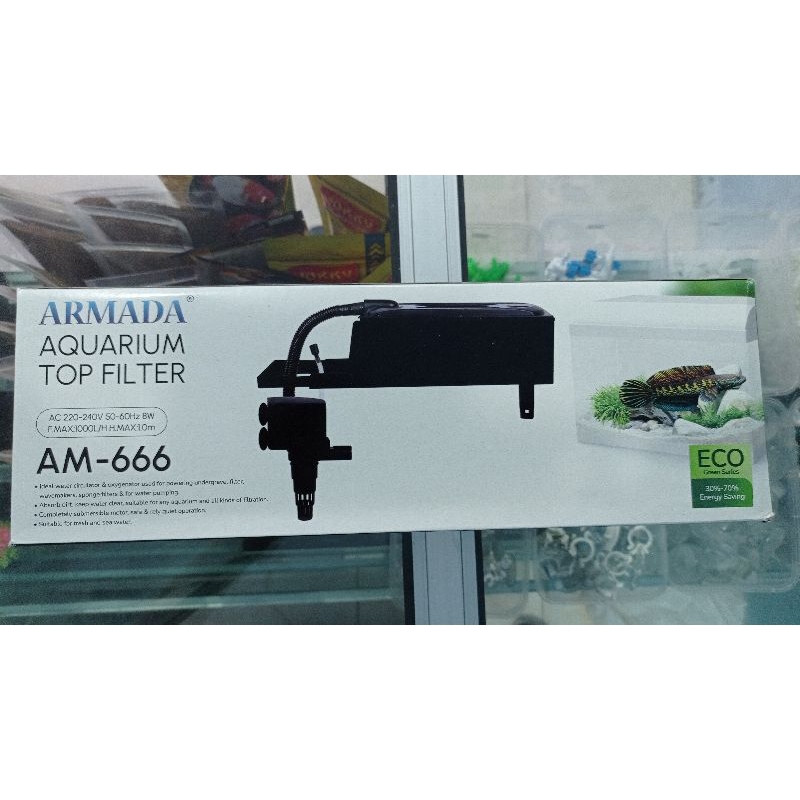 Mesin Set Filter box Aquarium 666 dengan mesin pompa AM 1200 untuk aquarium air tawar dan laut