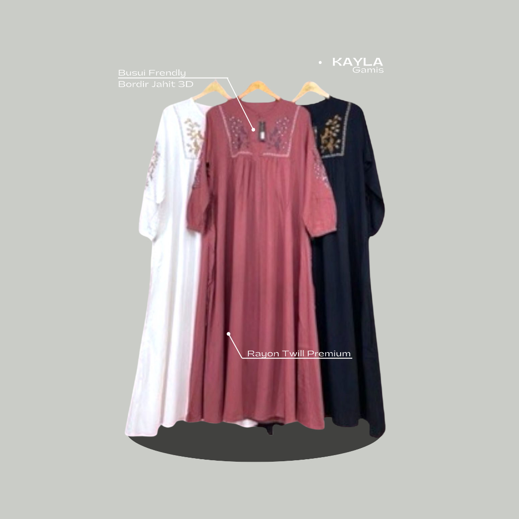 Kayla Gamis Flower Bordir Rayon Premium Elegan Dress Wanita Muslim Bumil Busui kekinian