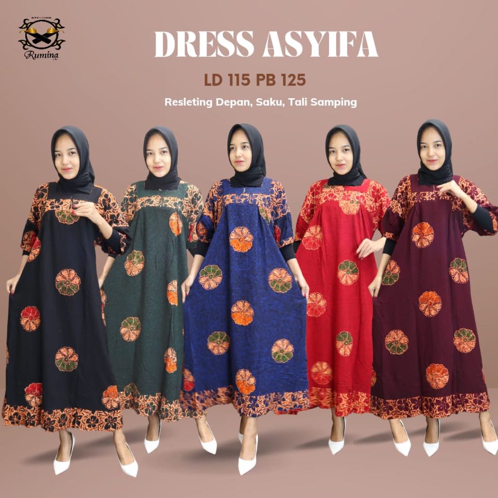 Rumina Dress Batik Cap Premium Pekalongan Adem Kekinian Bahan Rayon Tebal Busana Muslimah