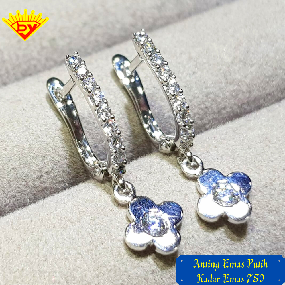 Anting Jepit Emas Putih Permata Zirconia Baru Kadar Emas 750