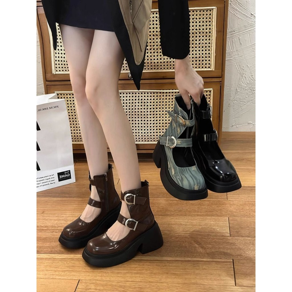 Women's Niche Design Retro Platform round Toe Mary Jane Ankle Boots Hollow Martin Boots