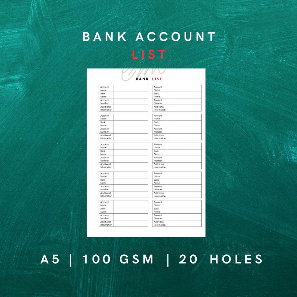 

Simple List Bank Account A5 Binder | 100 GSM | 20 Holes