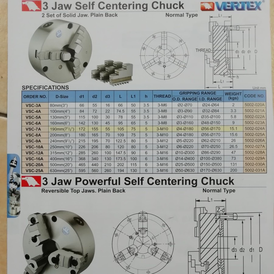 Vertex 3 jaw self centering chuck VSC 5A
