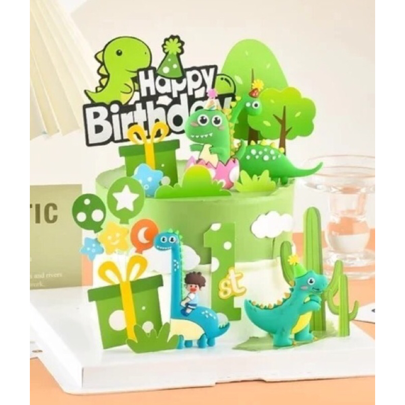 [AM] PAJANGAN KUE ULANGTAHUN ANIMAL DINO HIJAU & ORANGE TOPPER CAKE DINOSAURUS ULTAH / TOPPER KUE ..