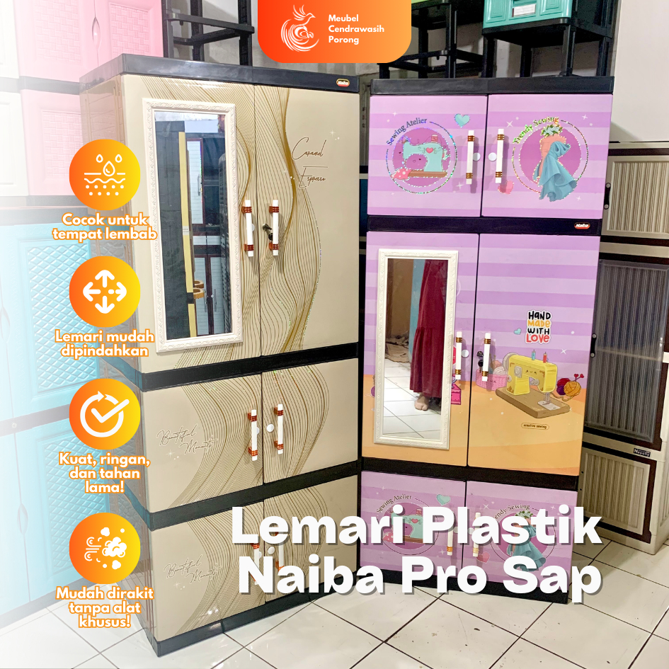 Lemari Pakaian Plastik Naiba Pro/Lemari Plastik FIT Jumbo Kaca MIROR + Kunci FULL RAK / Cabinet Jumb