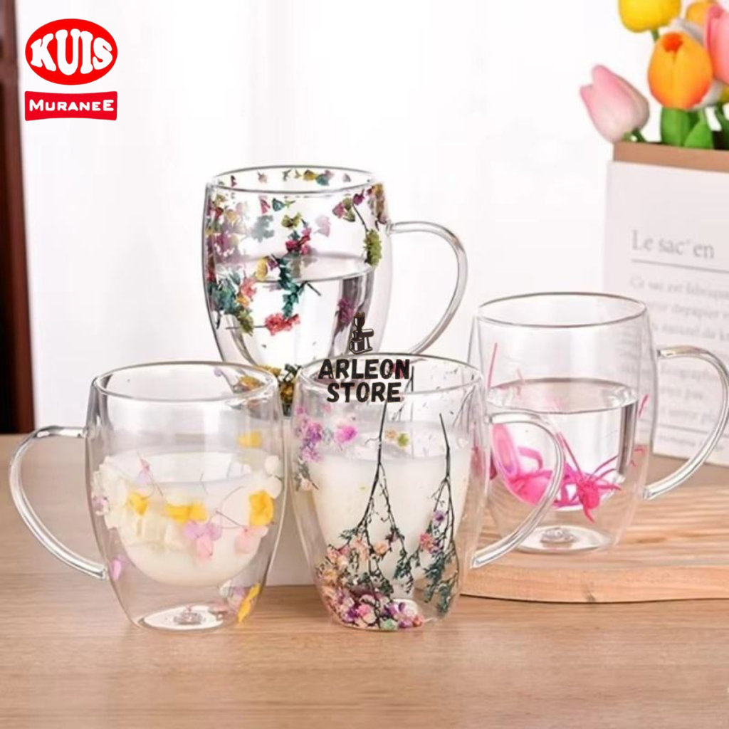 Gelas Kaca Double Wall Motif Bunga Gelas Minum Kaca Korea