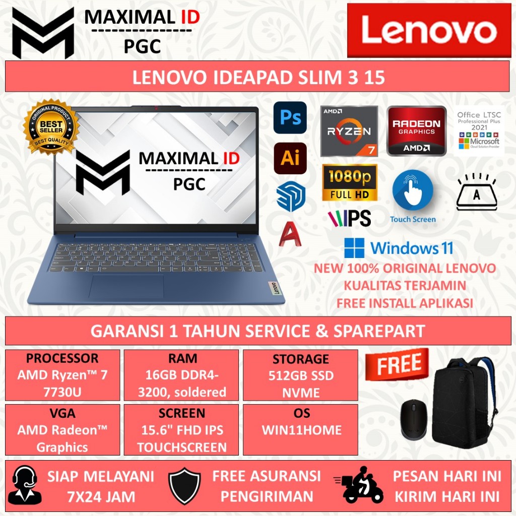Laptop Lenovo Ideapad Slim 3 15 AMD Ryzen 7 7730U 16GB 512GB Full HD IPS Touchscreen Windows11Home