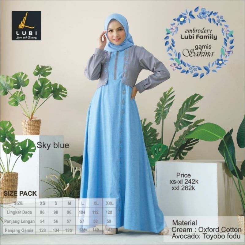 Baru Gamis Muslimah Lubi Sakina Sky Blue Oxford Cotton Mix toyobo fodu Premium